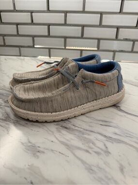 Hey Dude Kids Slip-On Loafers in Light Gray with Blue and Orange Trim